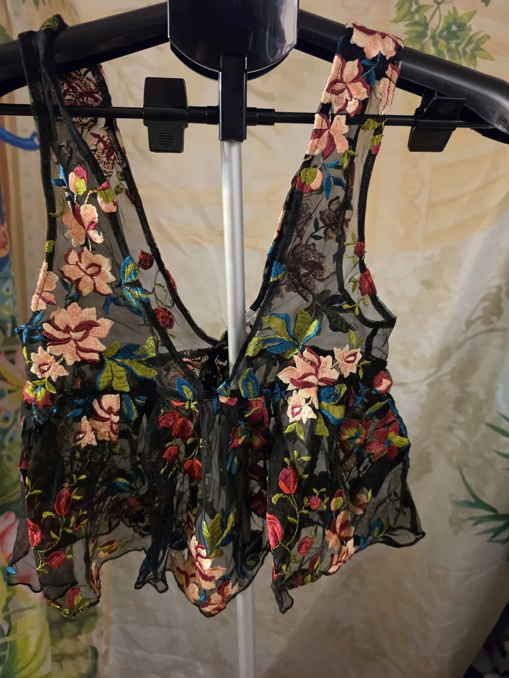 Ecote Black Floral Baby Doll Embroidered Top XS Boho  Layering Piece